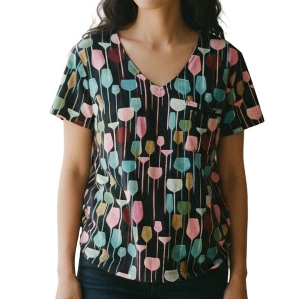 Amanda Blu NEW Wine Glass V-Neck Tee Womens Medium Cocktail Pocket Knit Top NWT
